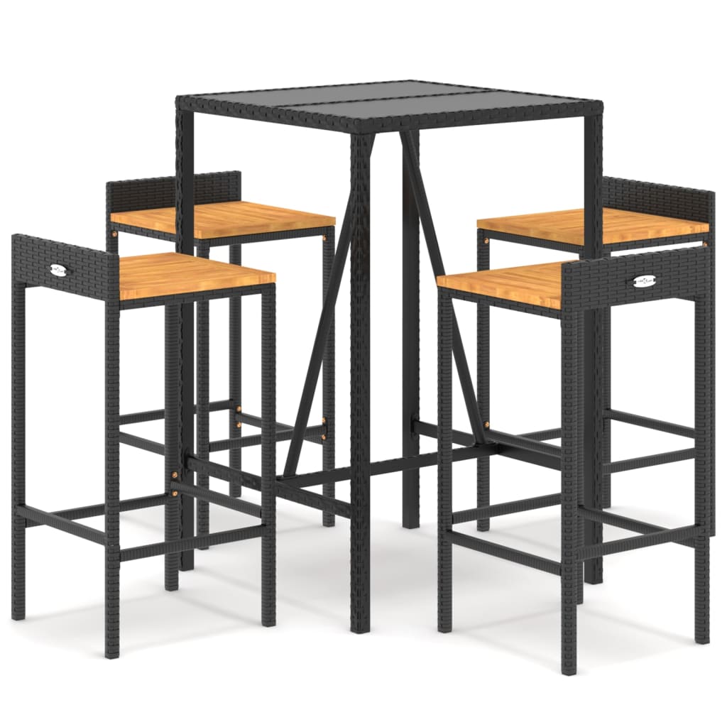 Set Bar Giardino 5 pz Nero Polyrattan e Legno Massello Acacia | homemem39