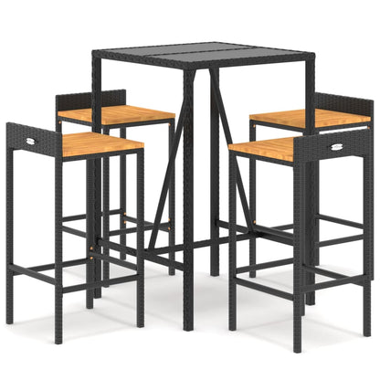 Set Bar Giardino 5 pz Nero Polyrattan e Legno Massello Acacia | homemem39