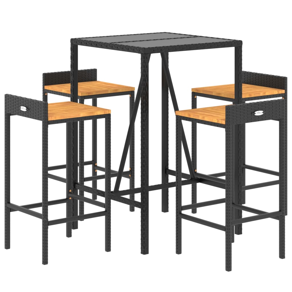 Set Bar Giardino 5 pz Nero Polyrattan e Legno Massello Acacia | homemem39