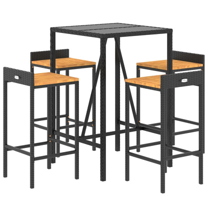Set Bar Giardino 5 pz Nero Polyrattan e Legno Massello Acacia | homemem39
