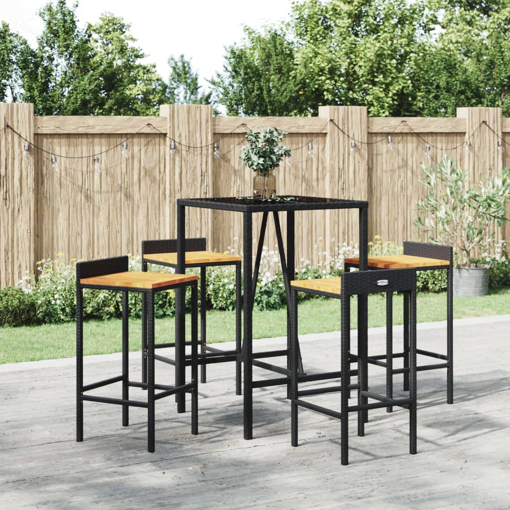 Set Bar Giardino 5 pz Nero Polyrattan e Legno Massello Acacia | homemem39