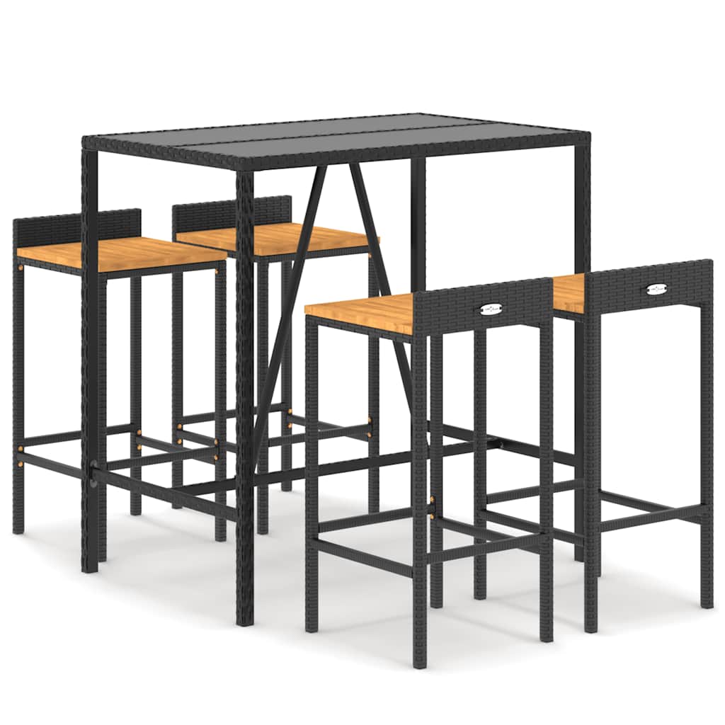 Set Bar Giardino 5 pz Nero Polyrattan e Legno Massello Acacia | homemem39