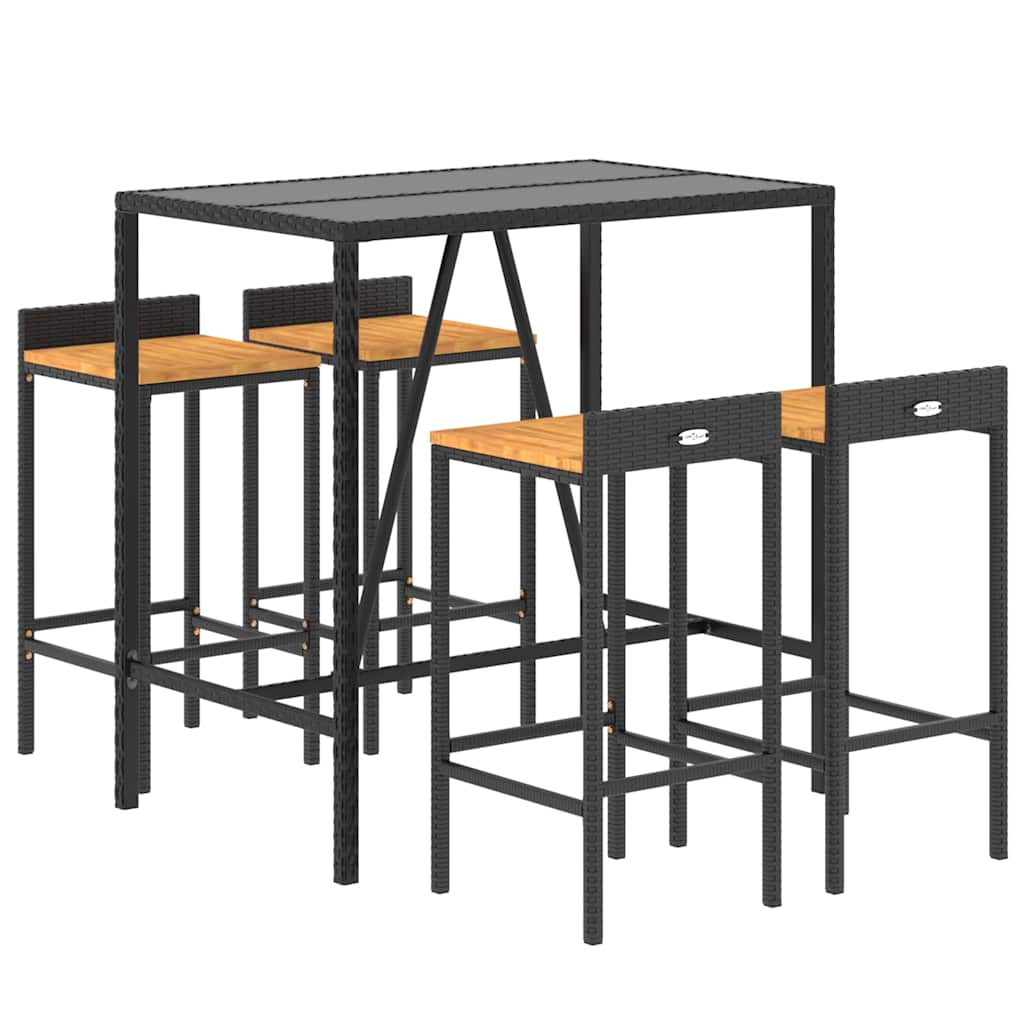 Set Bar Giardino 5 pz Nero Polyrattan e Legno Massello Acacia | homemem39