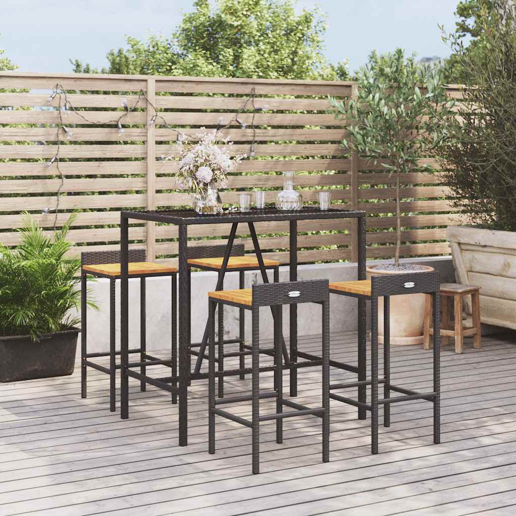 Set Bar Giardino 5 pz Nero Polyrattan e Legno Massello Acacia | homemem39