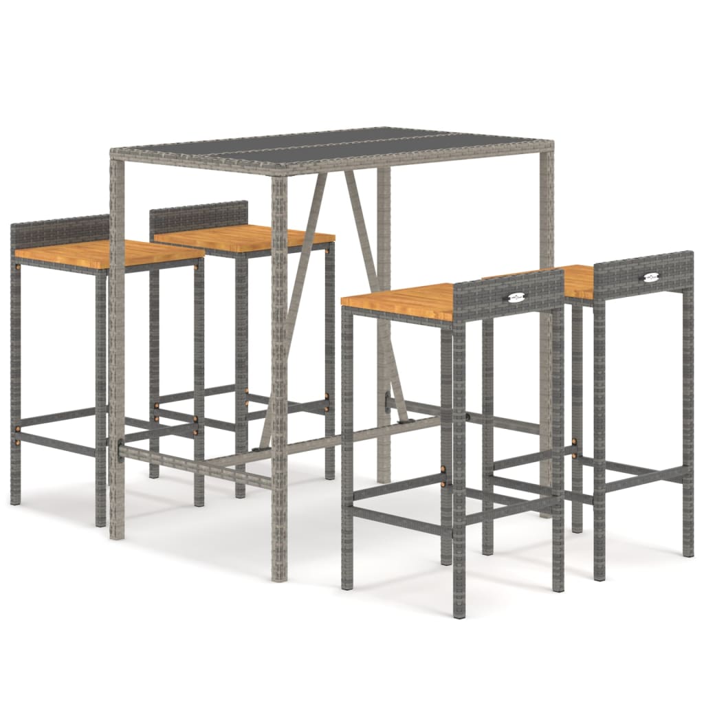 Set Bar Giardino 5pz Grigio Polyrattan e Legno Massello Acacia | homemem39