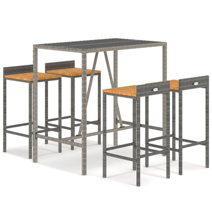 Set Bar Giardino 5pz Grigio Polyrattan e Legno Massello Acacia | homemem39
