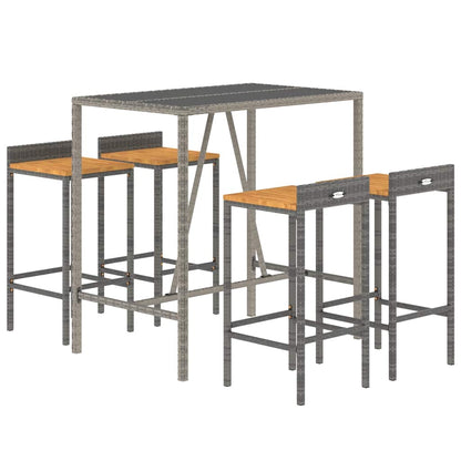 Set Bar Giardino 5pz Grigio Polyrattan e Legno Massello Acacia | homemem39