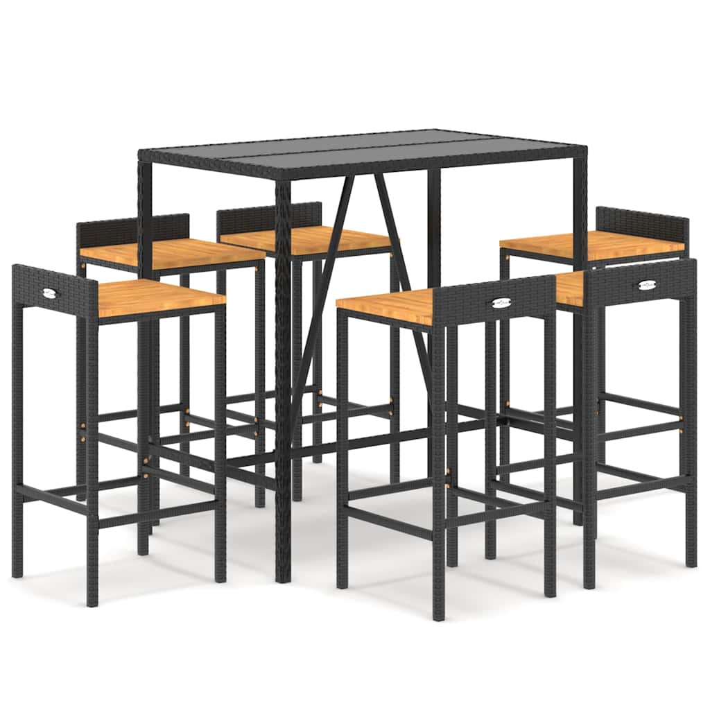Set Bar Giardino 7 pz Nero Polyrattan e Legno Massello Acacia | homemem39
