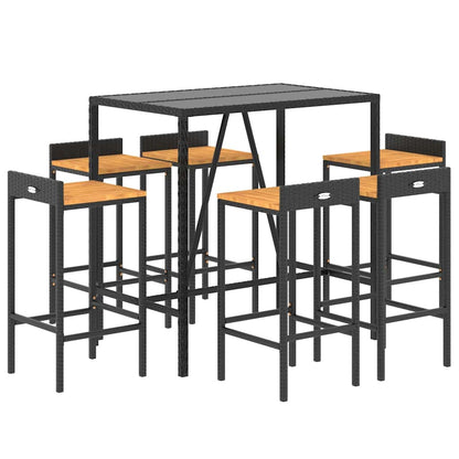 Set Bar Giardino 7 pz Nero Polyrattan e Legno Massello Acacia | homemem39