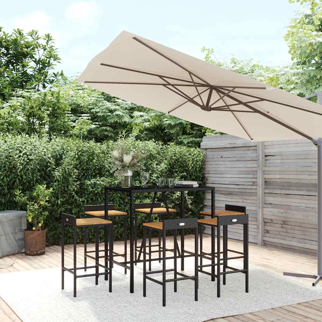 Set Bar Giardino 7 pz Nero Polyrattan e Legno Massello Acacia | homemem39