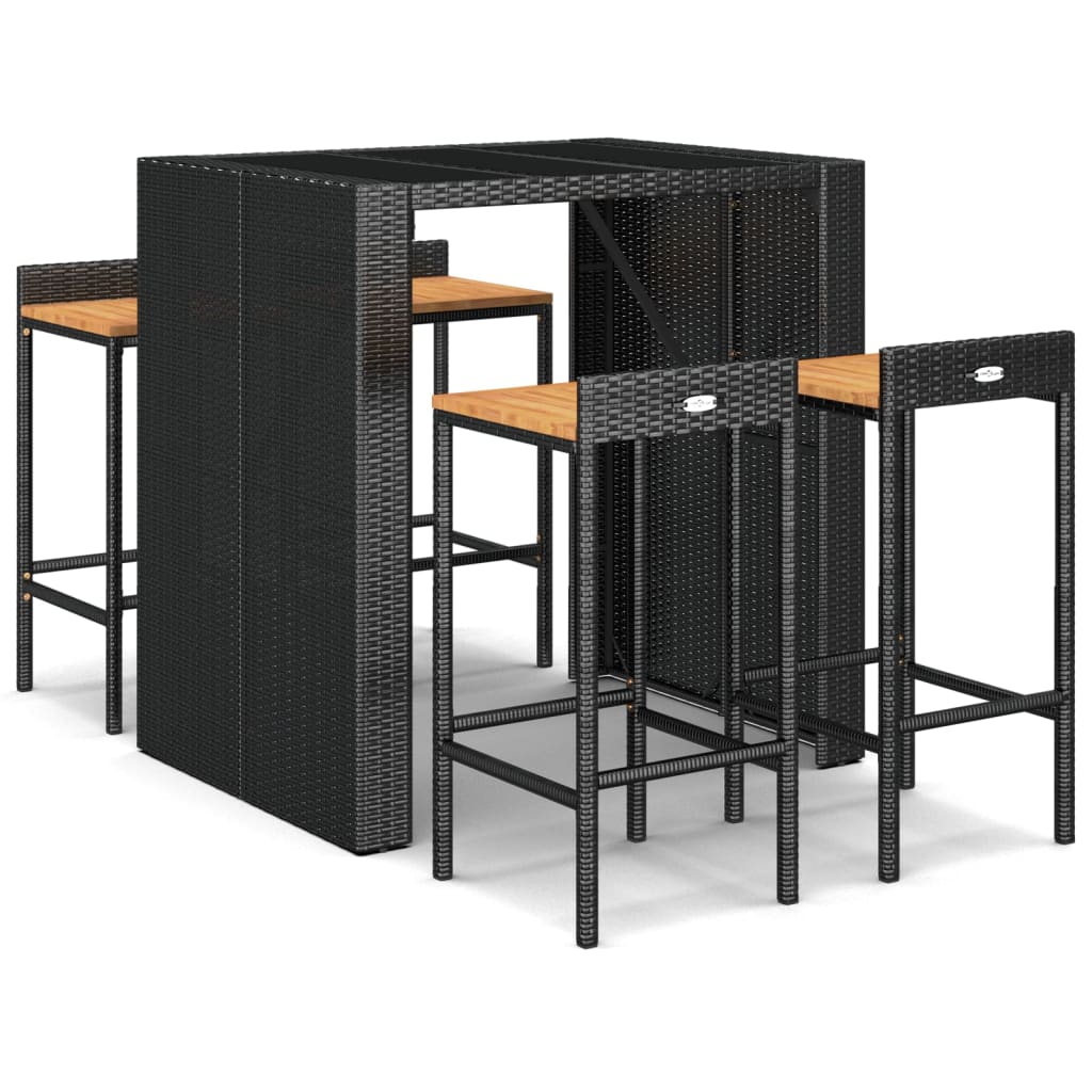 Set Bar Giardino 5 pz Nero Polyrattan e Legno Massello Acacia | homemem39
