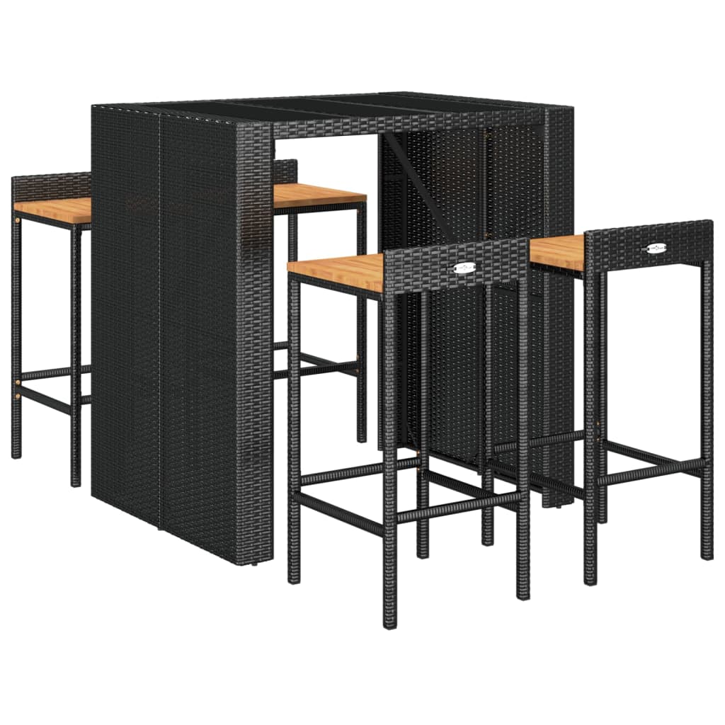 Set Bar Giardino 5 pz Nero Polyrattan e Legno Massello Acacia | homemem39