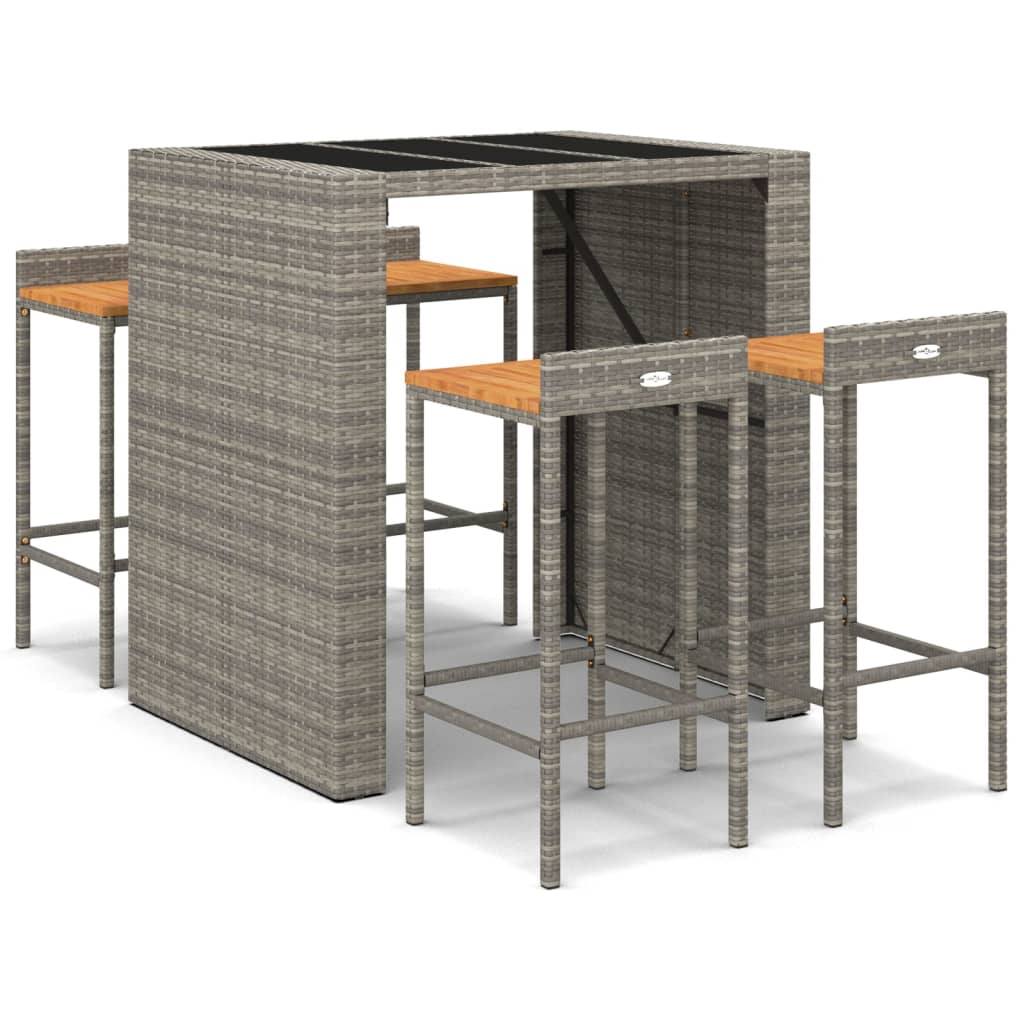 Set Bar Giardino 5pz Grigio Polyrattan e Legno Massello Acacia | homemem39