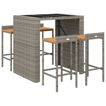 Set Bar Giardino 5pz Grigio Polyrattan e Legno Massello Acacia | homemem39
