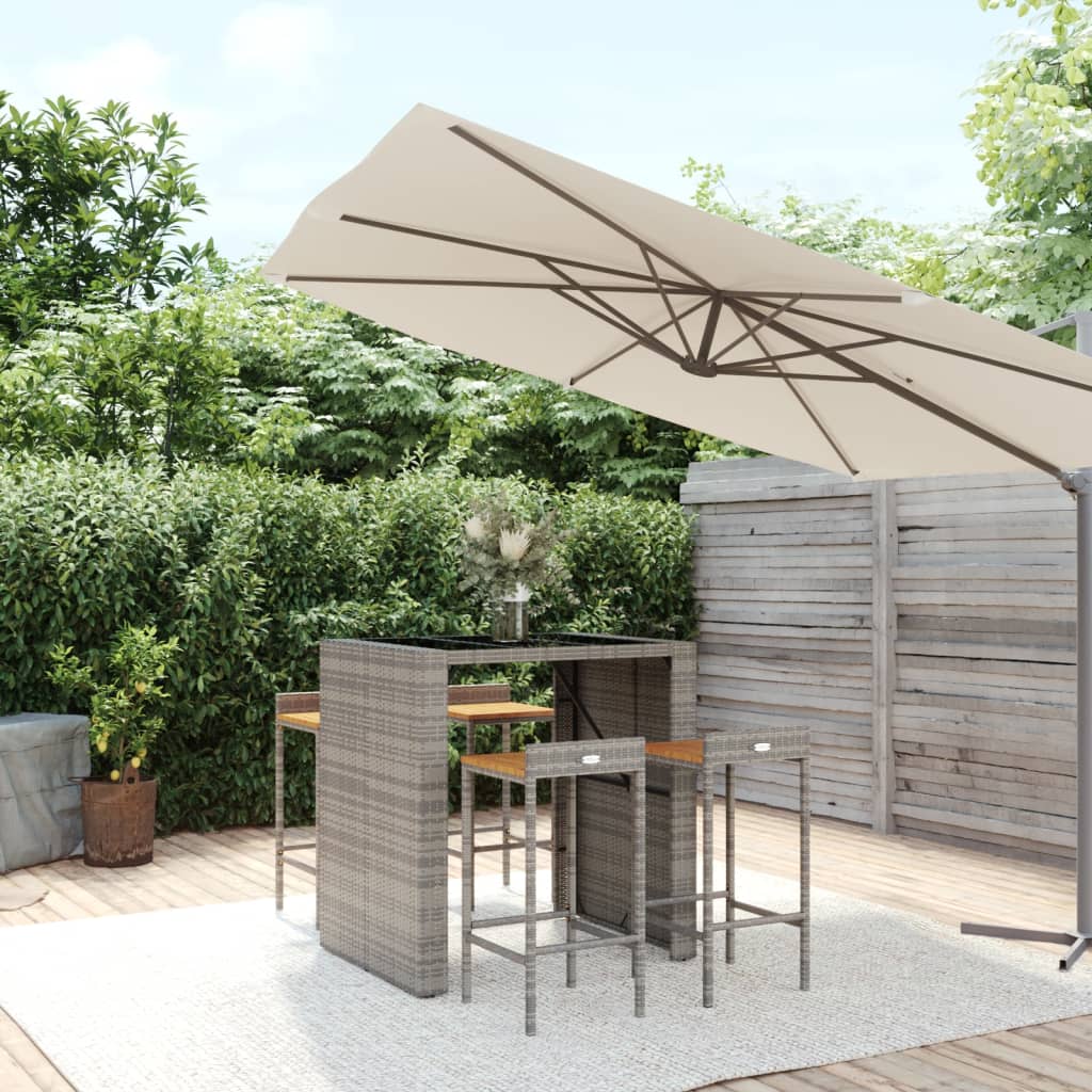 Set Bar Giardino 5pz Grigio Polyrattan e Legno Massello Acacia | homemem39