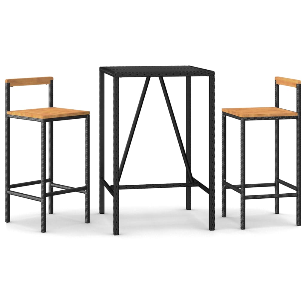 Set Bar Giardino 3 pz Nero Polyrattan e Legno Massello Acacia | homemem39