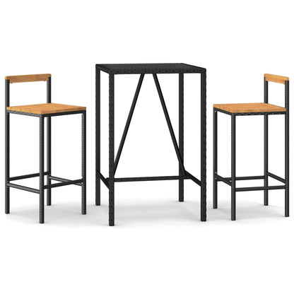 Set Bar Giardino 3 pz Nero Polyrattan e Legno Massello Acacia | homemem39