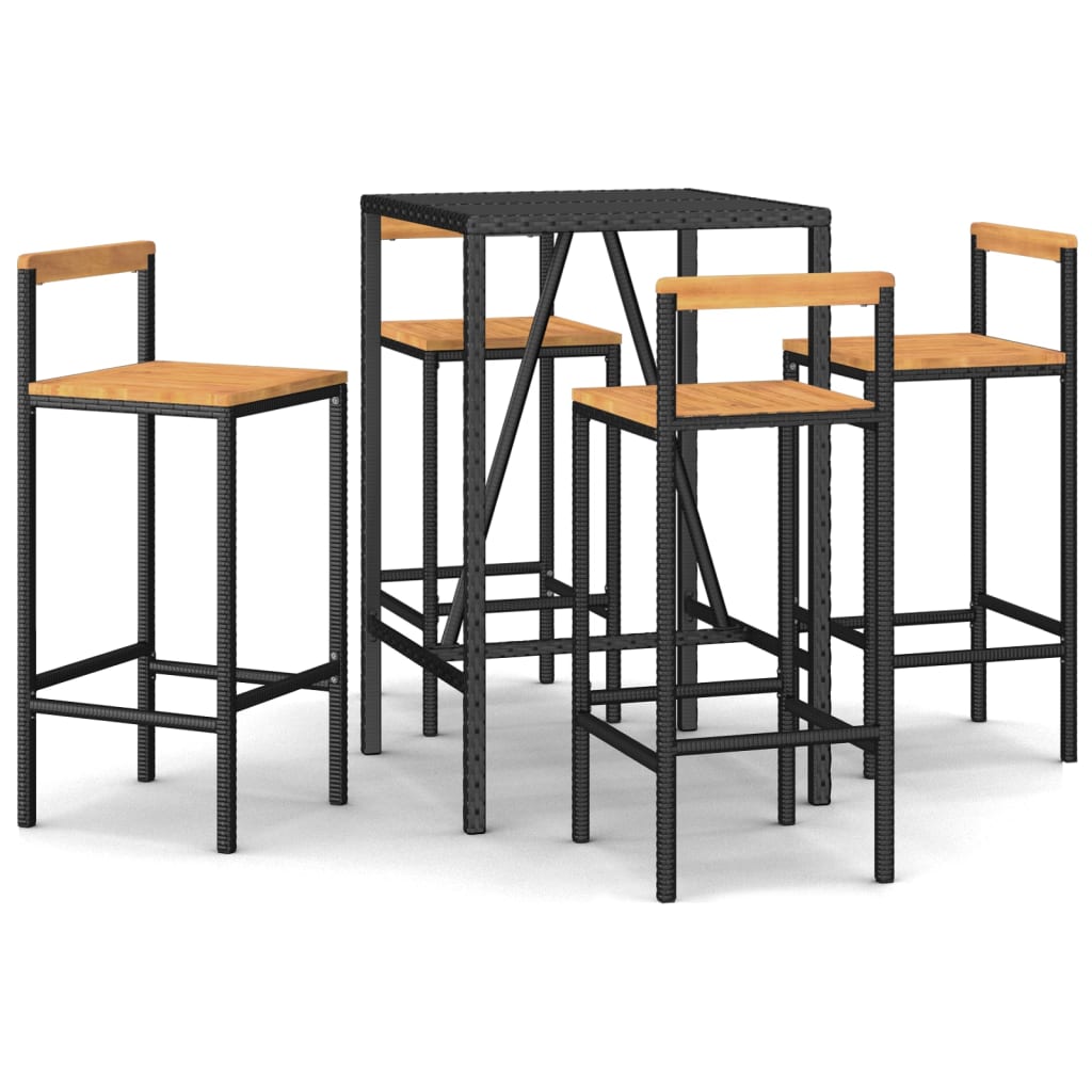 Set Bar Giardino 5 pz Nero Polyrattan e Legno Massello Acacia | homemem39
