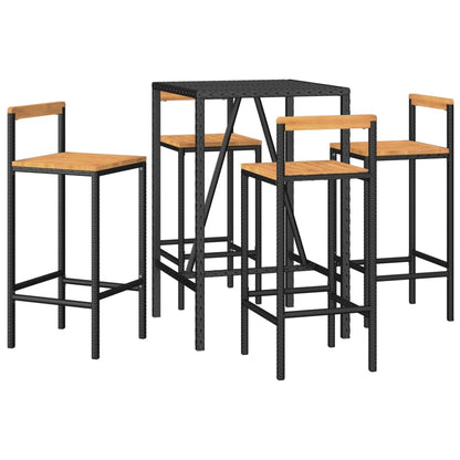 Set Bar Giardino 5 pz Nero Polyrattan e Legno Massello Acacia | homemem39