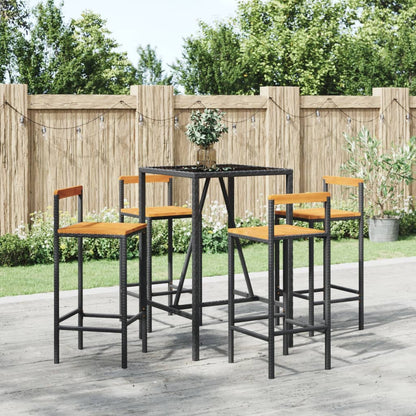 Set Bar Giardino 5 pz Nero Polyrattan e Legno Massello Acacia | homemem39