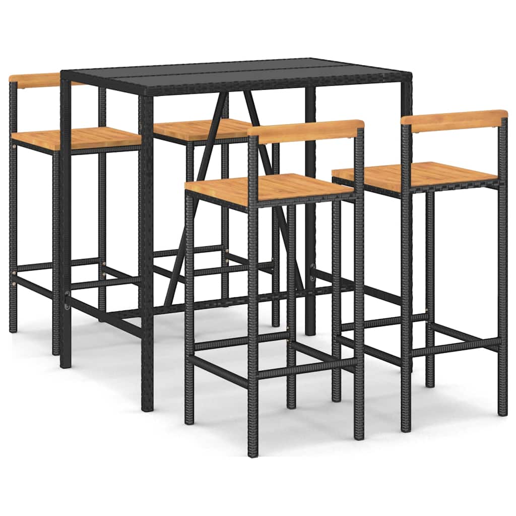 Set Bar Giardino 5 pz Nero Polyrattan e Legno Massello Acacia | homemem39