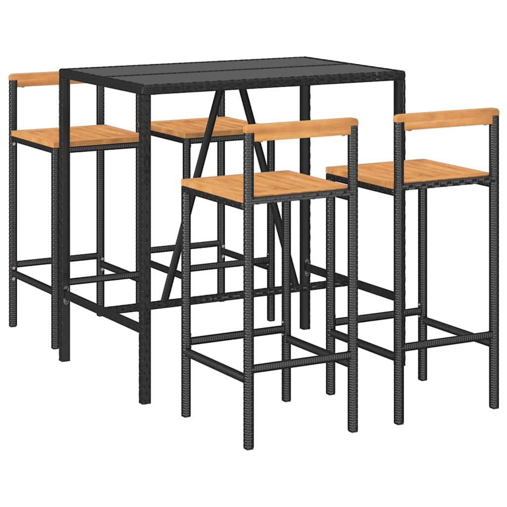 Set Bar Giardino 5 pz Nero Polyrattan e Legno Massello Acacia | homemem39