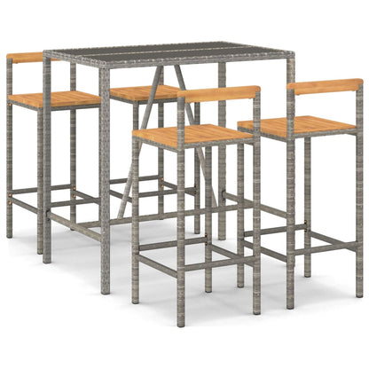 Set Bar Giardino 5pz Grigio Polyrattan e Legno Massello Acacia | homemem39