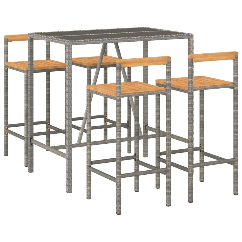 Set Bar Giardino 5pz Grigio Polyrattan e Legno Massello Acacia | homemem39