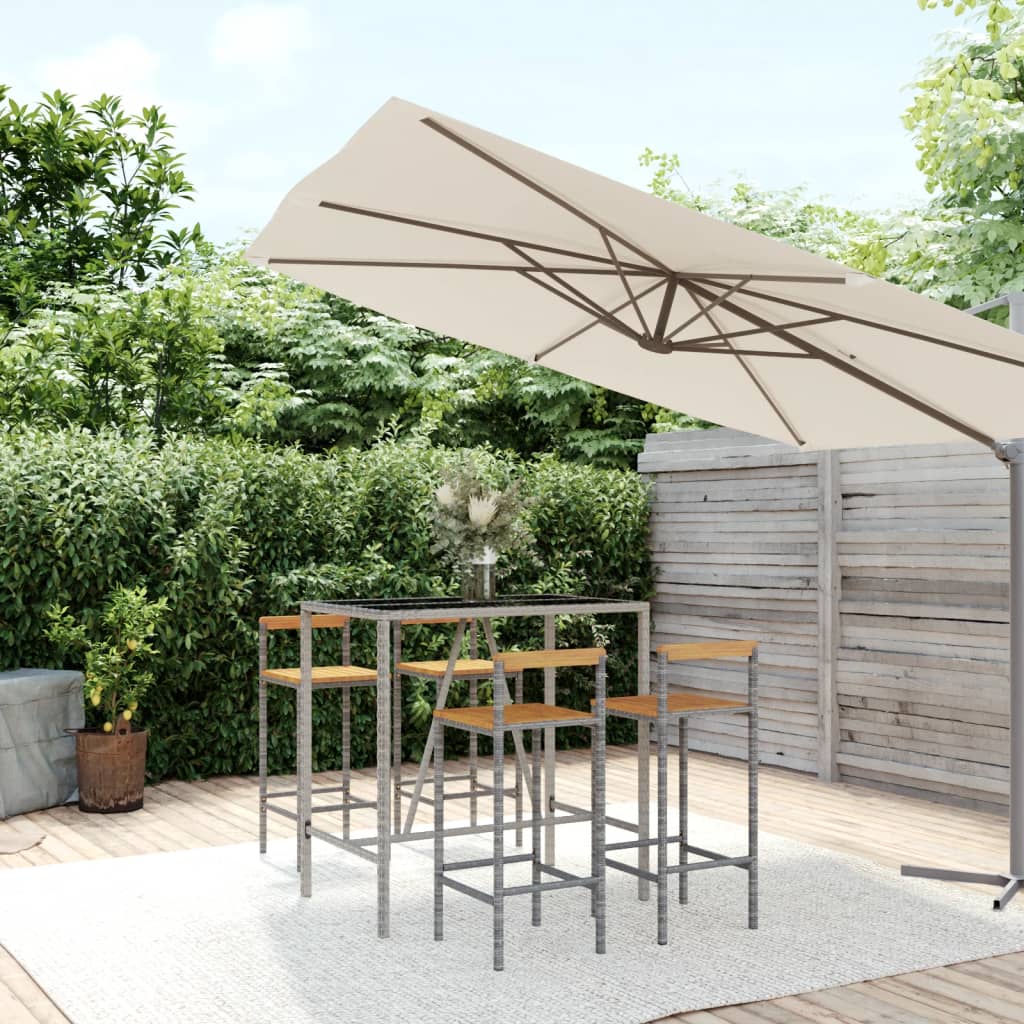 Set Bar Giardino 5pz Grigio Polyrattan e Legno Massello Acacia | homemem39