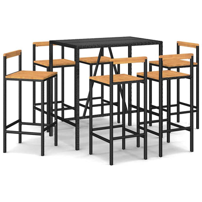 Set Bar Giardino 7 pz Nero Polyrattan e Legno Massello Acacia | homemem39