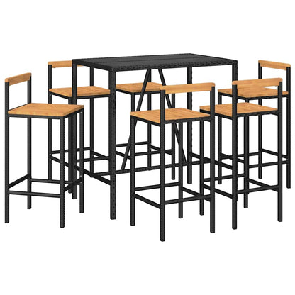 Set Bar Giardino 7 pz Nero Polyrattan e Legno Massello Acacia | homemem39