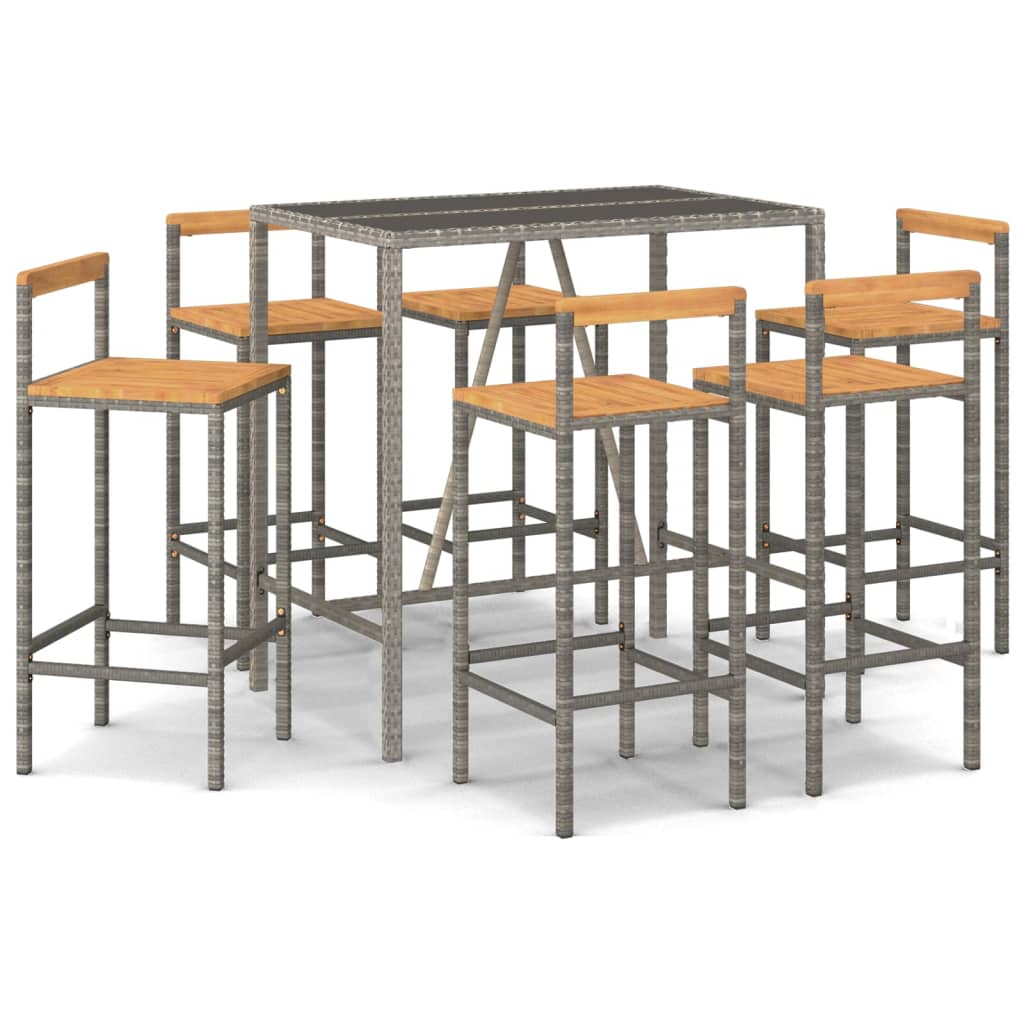 Set Bar Giardino 7pz Grigio Polyrattan e Legno Massello Acacia | homemem39