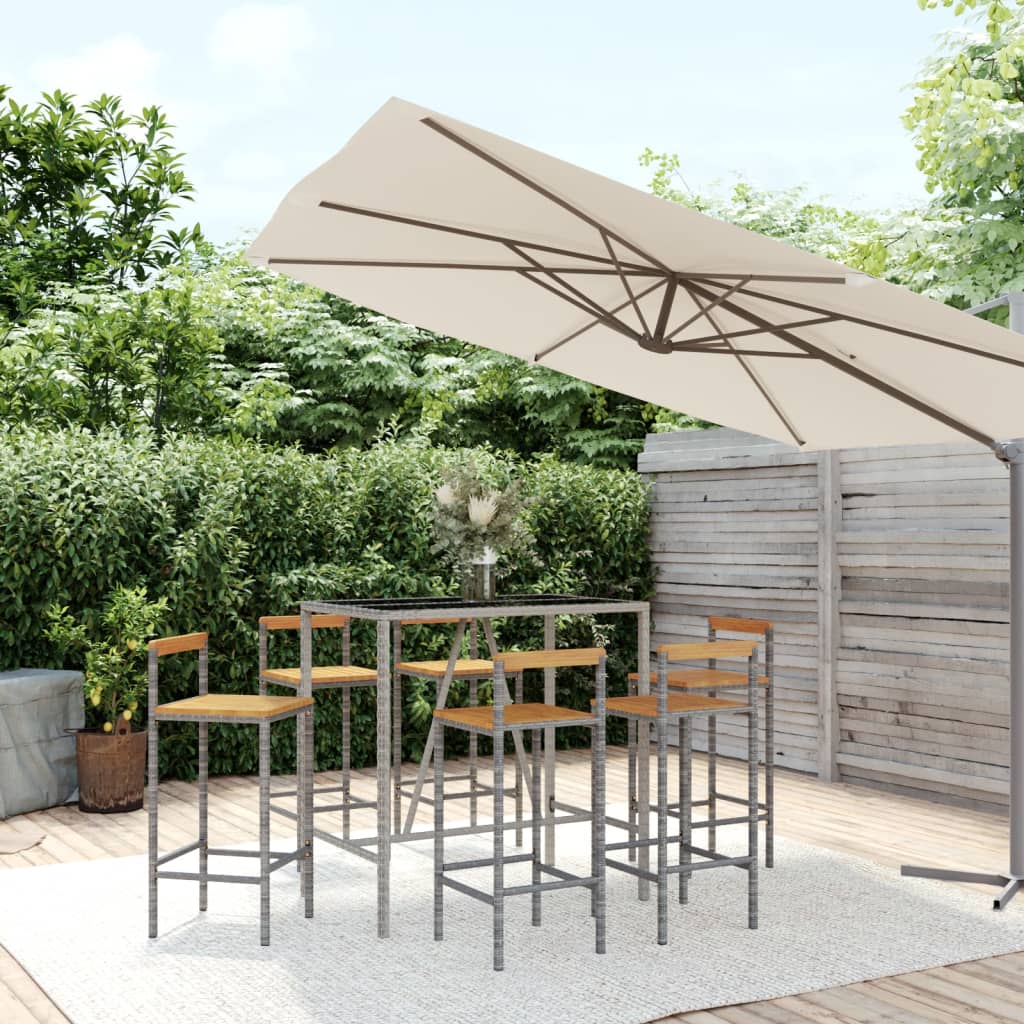 Set Bar Giardino 7pz Grigio Polyrattan e Legno Massello Acacia | homemem39