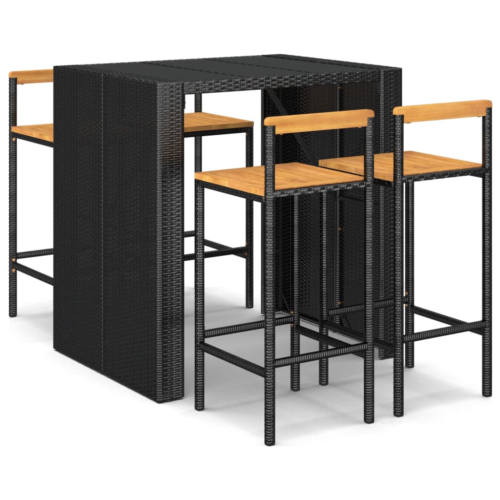 Set Bar Giardino 5 pz Nero Polyrattan e Legno Massello Acacia | homemem39