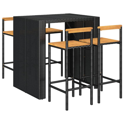 Set Bar Giardino 5 pz Nero Polyrattan e Legno Massello Acacia
