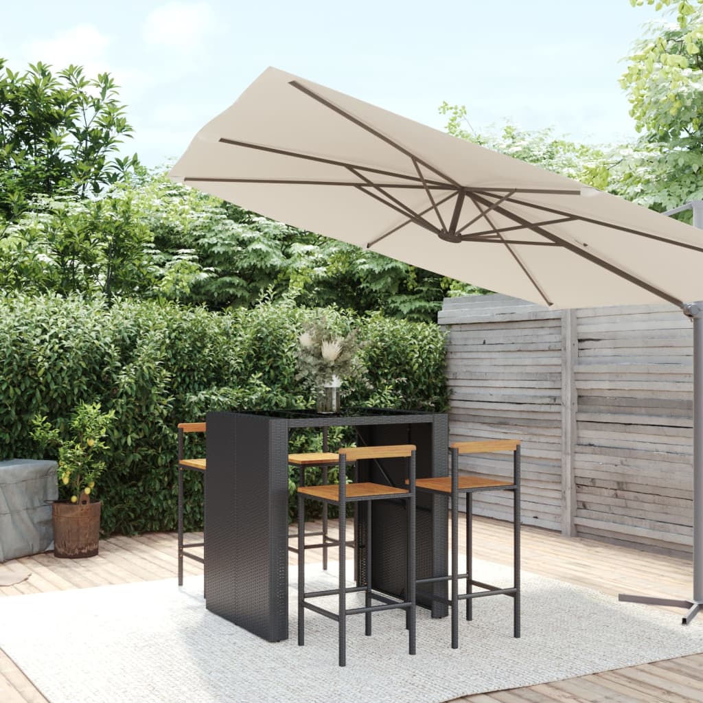 Set Bar Giardino 5 pz Nero Polyrattan e Legno Massello Acacia | homemem39