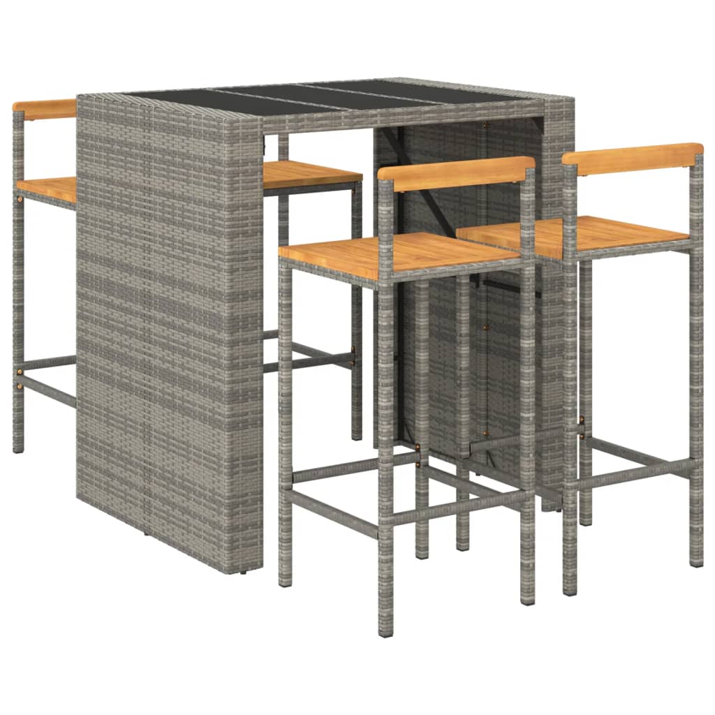 Set Bar Giardino 5pz Grigio Polyrattan e Legno Massello Acacia | homemem39