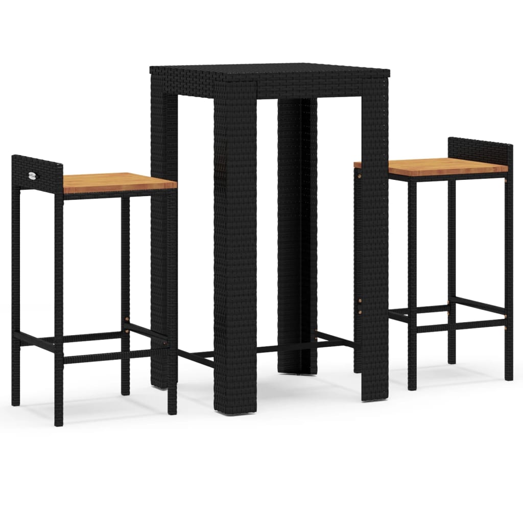 Set Bar Giardino 3 pz Nero Polyrattan e Legno Massello Acacia | homemem39