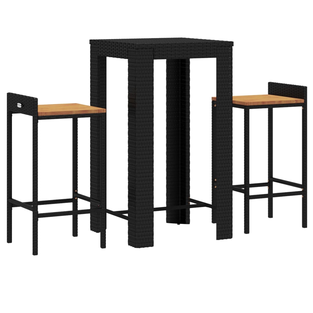 Set Bar Giardino 3 pz Nero Polyrattan e Legno Massello Acacia | homemem39