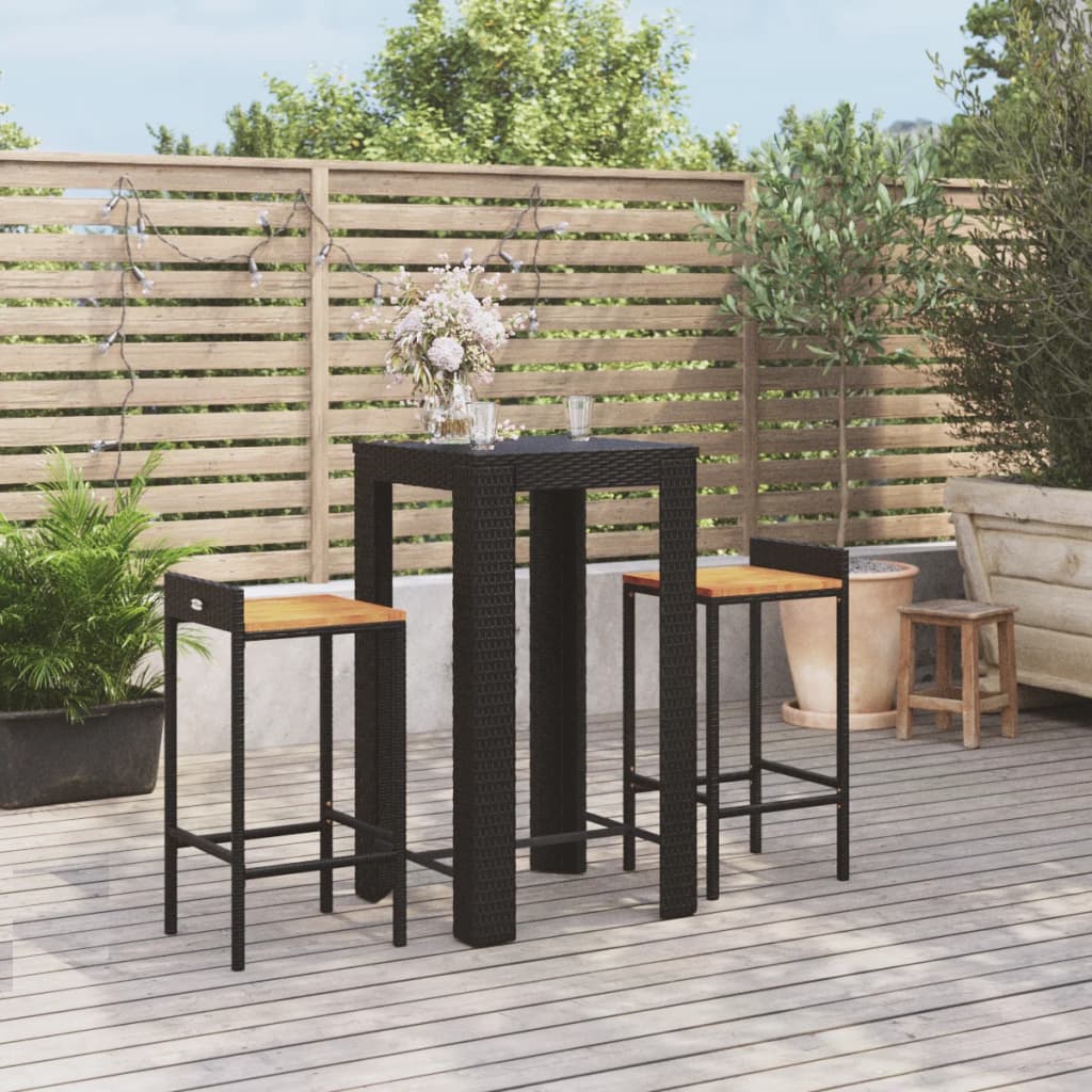 Set Bar Giardino 3 pz Nero Polyrattan e Legno Massello Acacia | homemem39