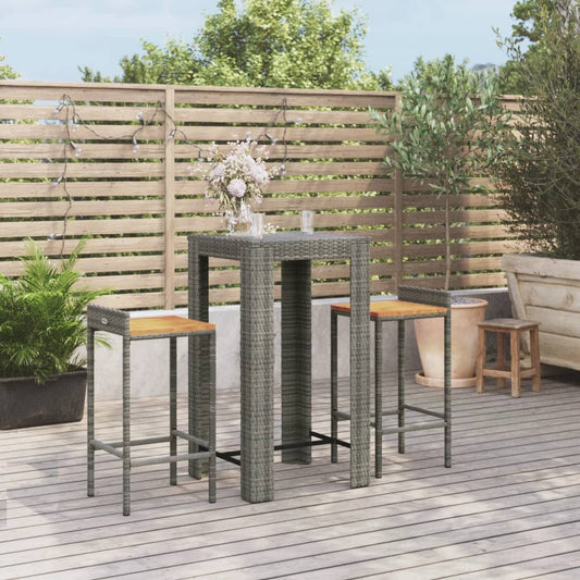 Set Bar Giardino 3pz Grigio Polyrattan e Legno Massello Acacia - homemem39