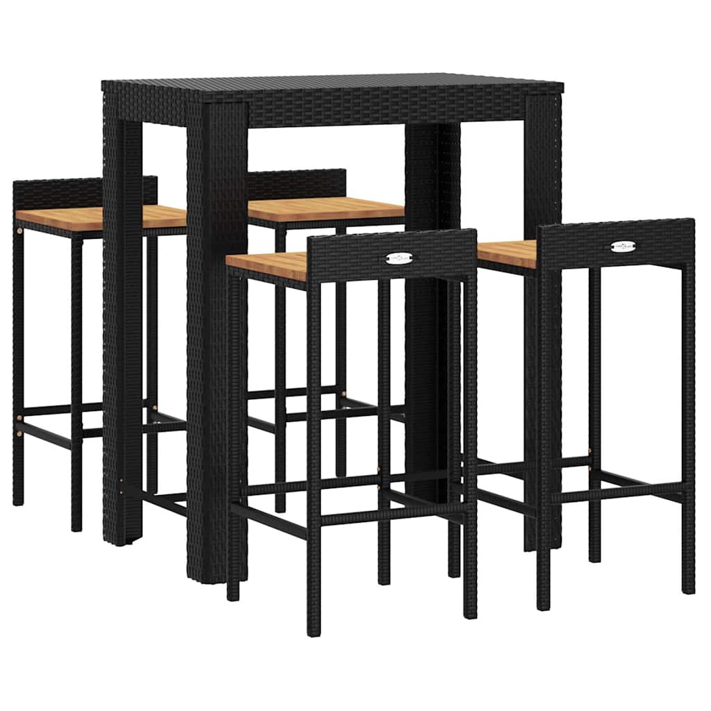 Set Bar Giardino 5 pz Nero Polyrattan e Legno Massello Acacia | homemem39