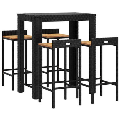 Set Bar Giardino 5 pz Nero Polyrattan e Legno Massello Acacia | homemem39