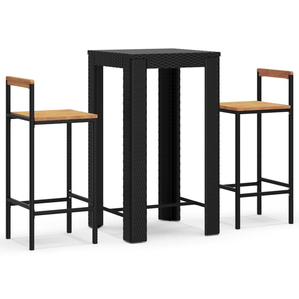 Set Bar Giardino 3 pz Nero Polyrattan e Legno Massello Acacia | homemem39