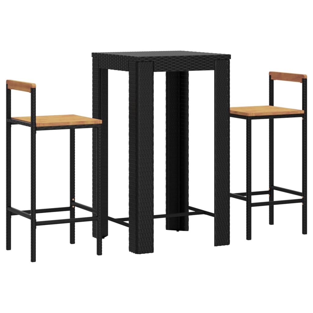 Set Bar Giardino 3 pz Nero Polyrattan e Legno Massello Acacia | homemem39
