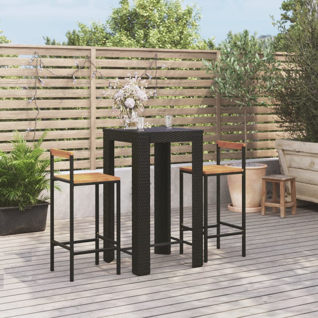 Set Bar Giardino 3 pz Nero Polyrattan e Legno Massello Acacia | homemem39