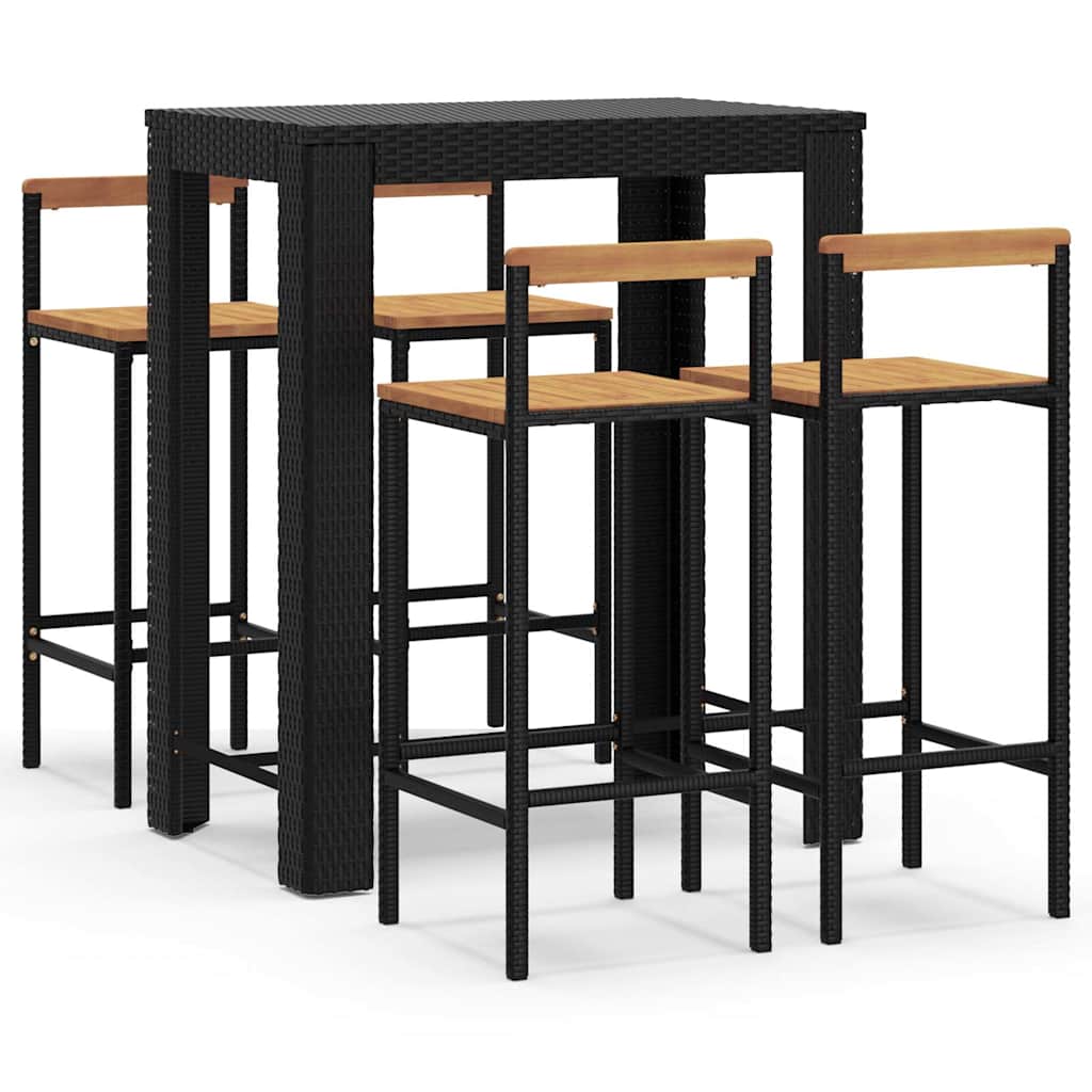 Set Bar Giardino 5 pz Nero Polyrattan e Legno Massello Acacia | homemem39