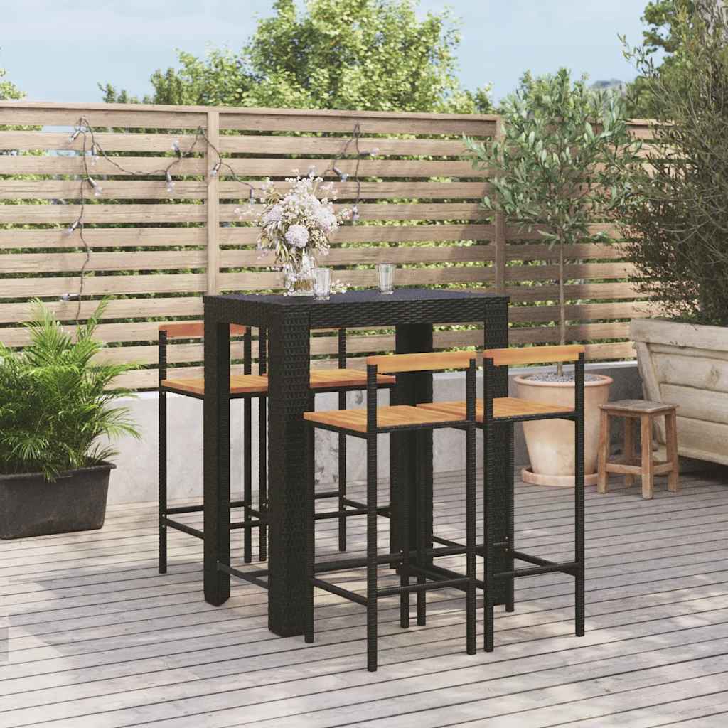 Set Bar Giardino 5 pz Nero Polyrattan e Legno Massello Acacia | homemem39
