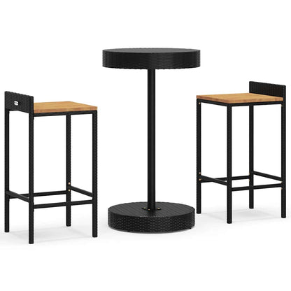 Set Bar Giardino 3 pz Nero Polyrattan e Legno Massello Acacia | homemem39