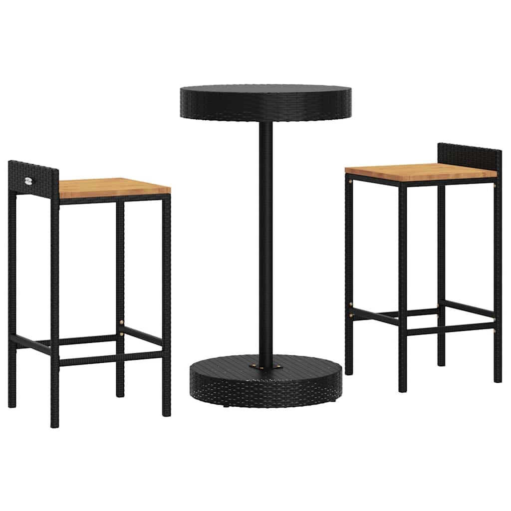 Set Bar Giardino 3 pz Nero Polyrattan e Legno Massello Acacia | homemem39